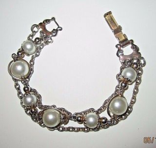 Antique Vtg Exotic Triple Strand Ornate Faux Pearl Estate Bracelet 7.  5 "