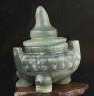 Chinese Old Natural Jade Hand - Carved Statue Jade Censer Incense Burner 2.  4 Inch