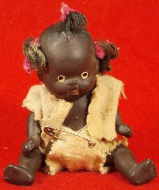 Antique Bisque Black Baby Doll Jointed Bent Legs,  Arms Orig Hair & Ribbons Japan