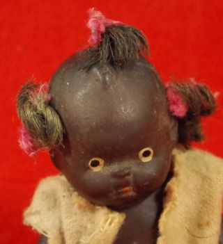 Antique Bisque Black Baby Doll Jointed Bent Legs,  Arms Orig Hair & Ribbons Japan 2