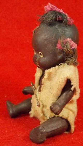 Antique Bisque Black Baby Doll Jointed Bent Legs,  Arms Orig Hair & Ribbons Japan 3