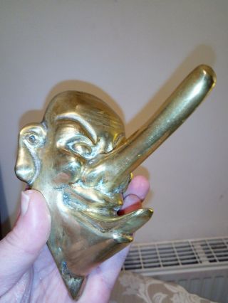 Rare Old Solid Cast Brass Theatrical Big Nosed Mask Coat Hook Hanger Figure Grot
