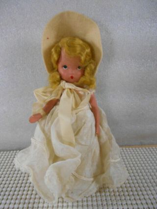 Vintage Nancy Ann Storybook Bisque Doll 5.  5 " Blonde White Dress Felt Bonnet