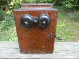 Antique Western Electric Hand Crank Oak Wood Ringer Box 5 Bar Magneto Generator