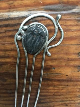Antique Art Nouveau Silver Hairpin With Fossil