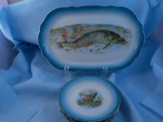 Antique Fish Platter Three Dishes Northern Pike J&b Germany Porcelain