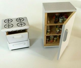 Vintage Miniature Dollhouse White Wooden Kitchen Appliance Set Stove And Fridge