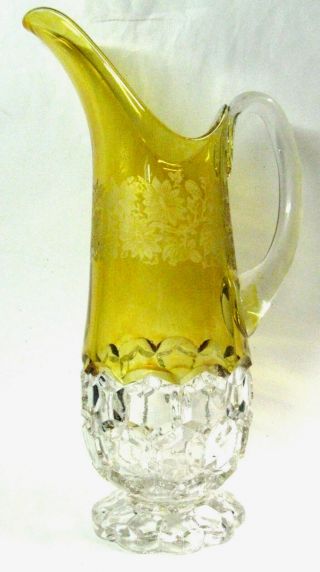 Rare Antique 1890 Glass Eapg “hexagon Block” Amber Stained & Floral Etch Pitcher