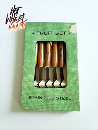 Vintage Mid Century Teak Wood Handled Fruit Knife Set Of 6