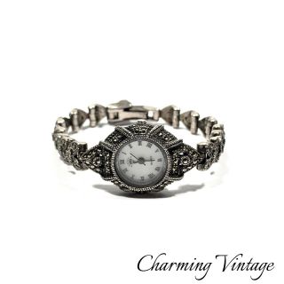 Vintage Sterling Silver Marcasite Diamond Quartz Ladies Watch