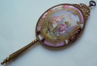 French Hand Painted Porcelain & Gilded Bronze Hand Mirror signed Max 2