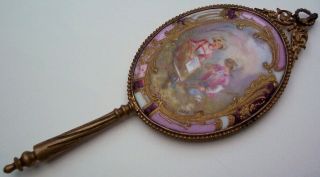 French Hand Painted Porcelain & Gilded Bronze Hand Mirror signed Max 3