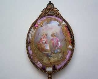 French Hand Painted Porcelain & Gilded Bronze Hand Mirror signed Max 4