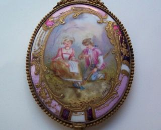 French Hand Painted Porcelain & Gilded Bronze Hand Mirror signed Max 5