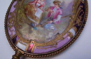 French Hand Painted Porcelain & Gilded Bronze Hand Mirror signed Max 6