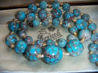 Antique Art Deco Czech Hand Knotted Turquoise Glass Bead Vintage Necklace
