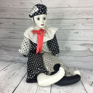 Porcelain Face Jester Clown Doll Soft Body 28 " Black White Polka Dot Hat Mime