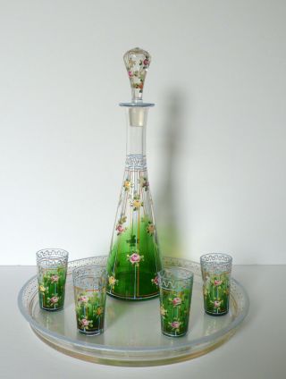 Antique Czech Moser Enameled Glass Liquor Set Decanter/shot Glasses/tray