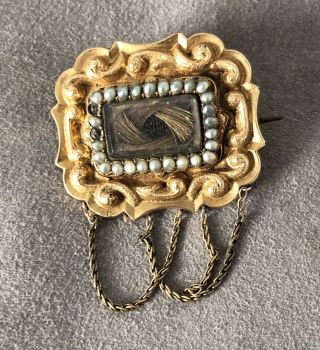 Antique French Style Ornate Memorial Mourning Brooch Pearls Pinchbeck