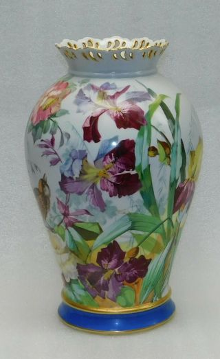 Antique Limoges France Hand Painted Textured Bud Vase Roses Birds Gold Trim