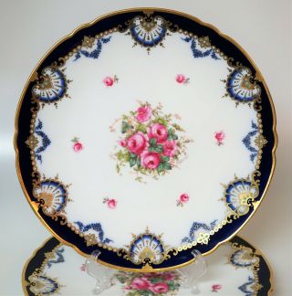 2 Antique Spode Copeland Porcelain Hand Painted Blue Turquoise Roses Plate