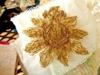 Antique Gold Metallic Embroidered Floral Applique 2 1/8 "