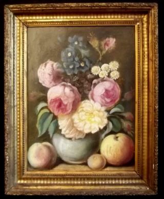 Antique 19th Century French Primitive Oil Painting Still Life Of Flowers & Fruit