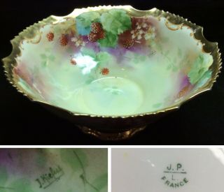Antique Limoges France Hand Painted Raspberries & Gold Footed Bowl 10 " Signed