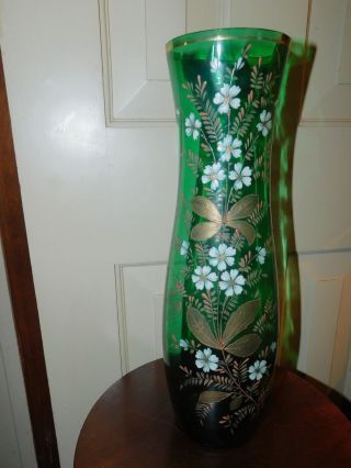 Antique Large Bohemian Green Art Glass Vase With Gold And White Enamel Flowers