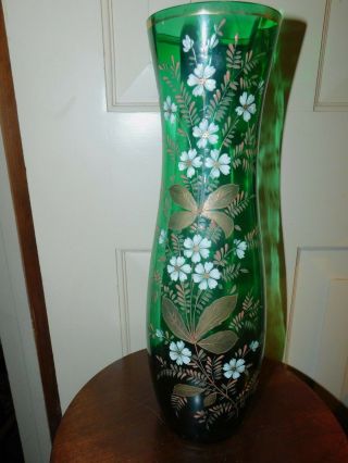 ANTIQUE LARGE BOHEMIAN GREEN ART GLASS VASE WITH GOLD AND WHITE ENAMEL FLOWERS 2