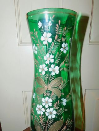 ANTIQUE LARGE BOHEMIAN GREEN ART GLASS VASE WITH GOLD AND WHITE ENAMEL FLOWERS 3