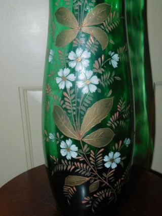 ANTIQUE LARGE BOHEMIAN GREEN ART GLASS VASE WITH GOLD AND WHITE ENAMEL FLOWERS 4