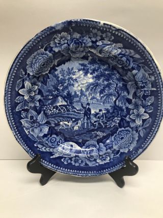 Antique Historical Staffordshire Blue Plate Hunting Scene C1825