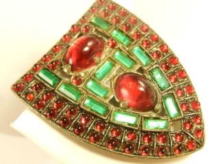 Art Deco Emerald Ruby Gripoix Glass Dress Clip Antique Pin Signed Artisan