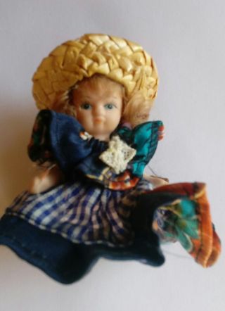 Miniature Hand Craft Ceramic 6 Inch Doll With Dress And Straw Hat