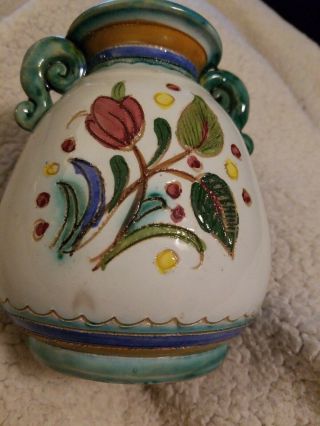 Vtg Antique Floral vase Double Handle Ceramic Pottery Table Decor Numered Italy 5