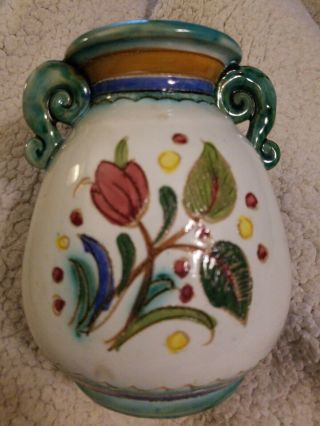 Vtg Antique Floral vase Double Handle Ceramic Pottery Table Decor Numered Italy 8