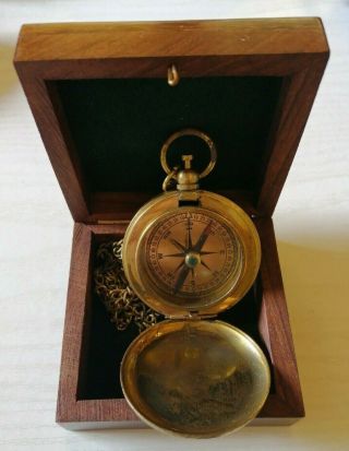 Antique Brass Compass And Chain With Hardwood Box Nautical Maritime Theme (d1)