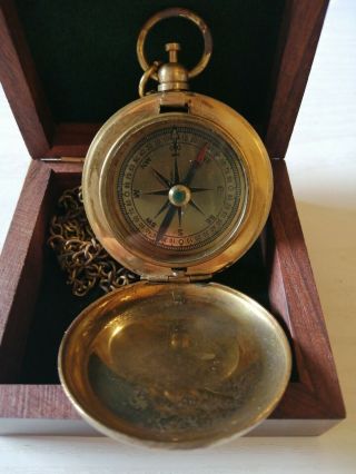Antique Brass Compass And Chain With Hardwood Box Nautical Maritime Theme (D1) 2