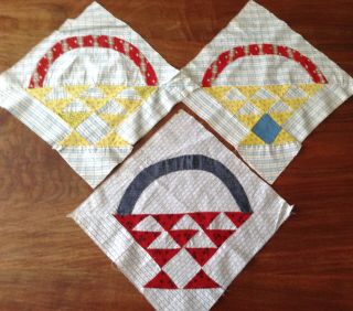 3 Vintage Hand Pieced Quilt Blocks 12 " Sq Each,  Basket Pattern All Cotton V Good