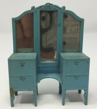 Vintage Tootsie Toy Blue Metal Dollhouse Furniture Dressing Vanity Table Mirror