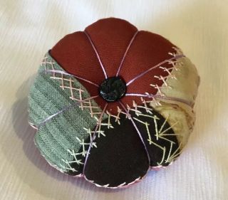 Antique Crazy Quilt Pin Cushion,  Hand Made,  Buttons,  Velvet Back,  Fancy Stitches