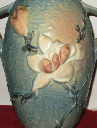 Antique Roseville Pottery 2 Handle Magnolia Blue Large Vase 96 - 12 