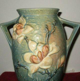 Antique Roseville Pottery 2 Handle Magnolia Blue Large Vase 96 - 12 