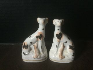 Two Antique Staffordshire Whippets Greyhounds Figure Porcelain With Rabbits
