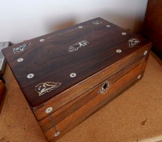 Antique Victorian Walnut Jewellery Box Pewter 7 Mop Inlay Period Paper Interior