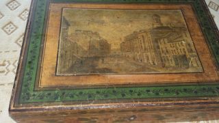 Regency Antique Wooden Work Box.  Hand Painted With London Scene Print & Label