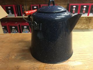 Vtg Large Granite Ware Enamel Cowboy Coffee Pot Blue Antique Bail Handle Spout