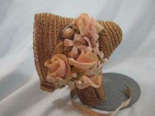 Vintage Doll Straw Woven Hat Bonnet With Flowers Small Size