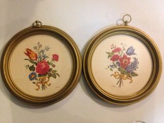 Vintage Round Floral Prints In Gold Wood Frames